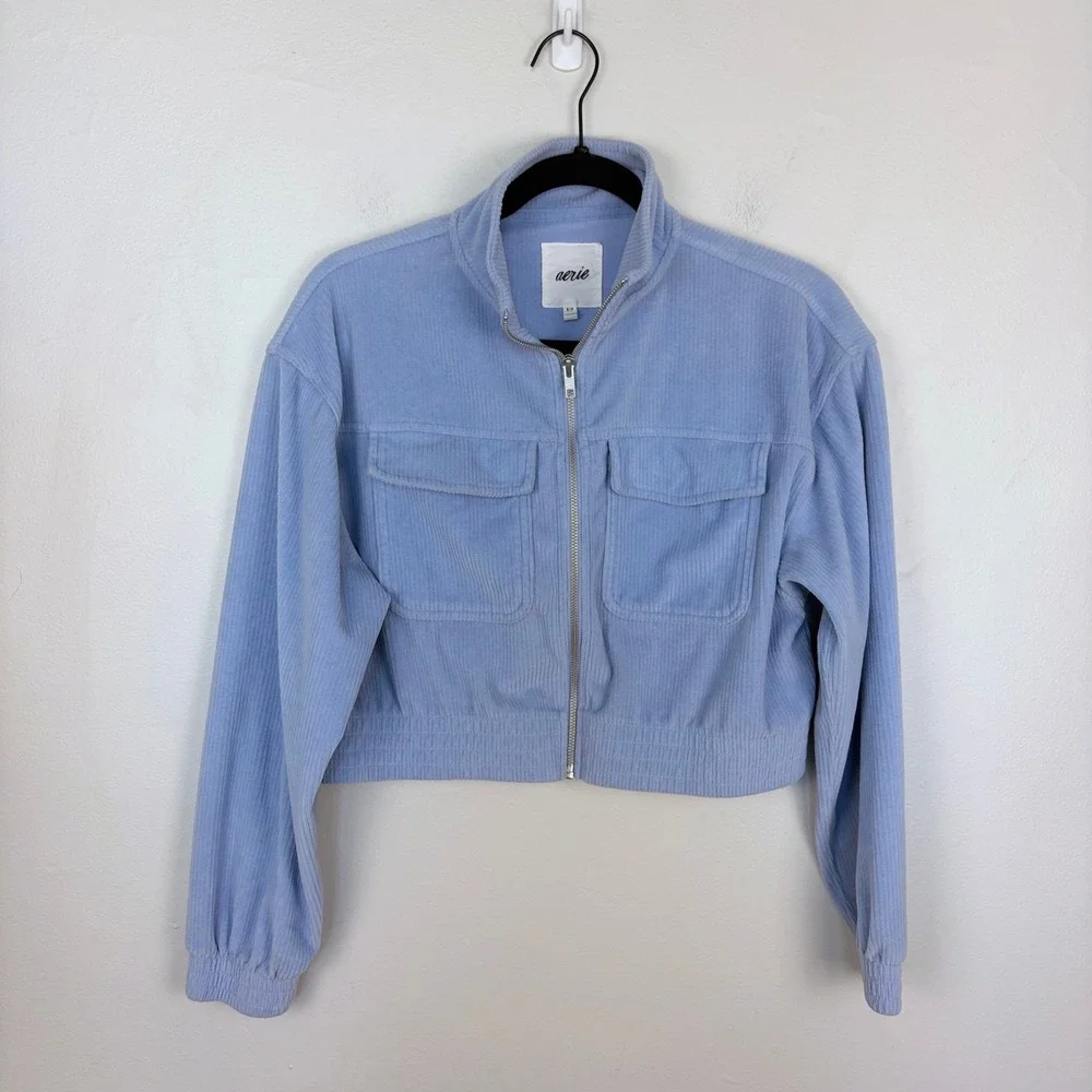 Aerie Groove-On Velour Crop Jacket Monaco Blue Casual Cozy Soft Girl Size Small